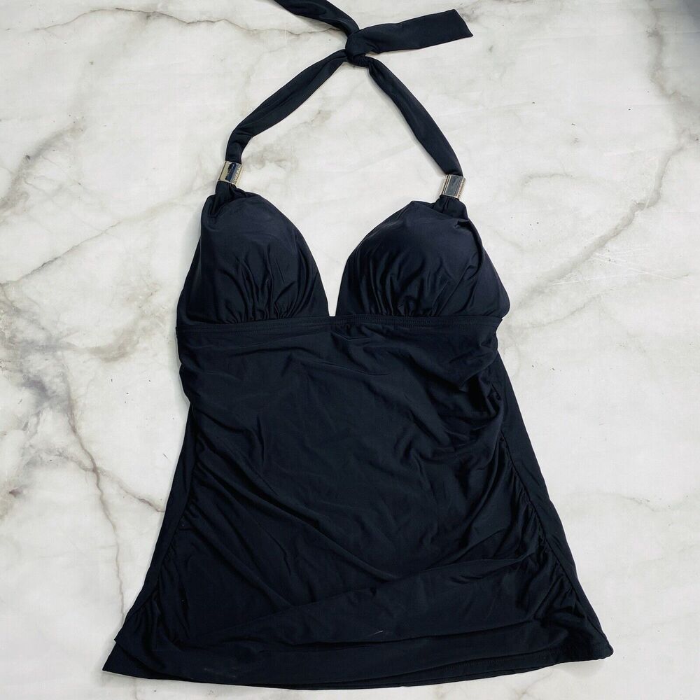 CALVIN KLEIN Black Halter Tankini Top Size XS Ruched Slimming UV Protection New